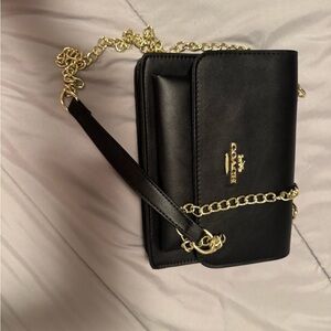 Coach Black Leather Clutch with Gold Chain